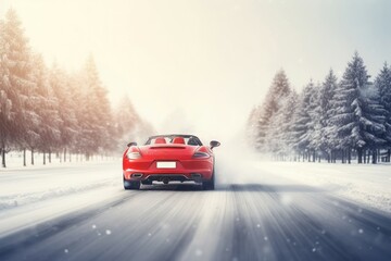 Fototapeta na wymiar Red car winter. Snowy forest and roadway auto travelling. Generate ai