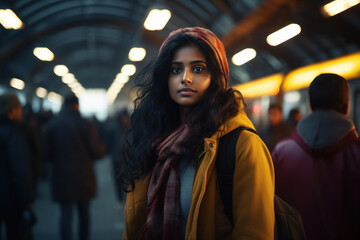 Obraz premium Young girl traveler looking serious and standing at metro station.