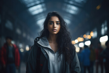 Obraz premium Young girl traveler looking serious and standing at metro station.