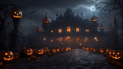 Fototapeta na wymiar Horror Road with Lighted Pumpkin, House of Horrors , halloween background with pumpkins