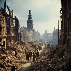 Fototapeta premium dresden 1945 nach dem bombenangriff in schutt und asche generatvie ki illustration