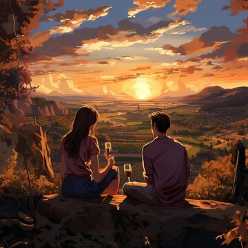 fiktives paar p&auml;&auml;rchen sitz an einem berg und schaut in die abdnsonne verliebt romantisch generative ki