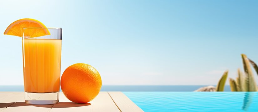 Poolside view of orange juice With copyspace for text