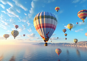 Sea view with colorful hot air balloons party flight on sunny day.Macro.AI Generative