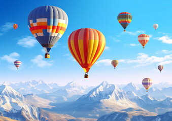 Fototapeta na wymiar Hot air balloons on summer sunny day flight with mountains view.Macro.AI Generative
