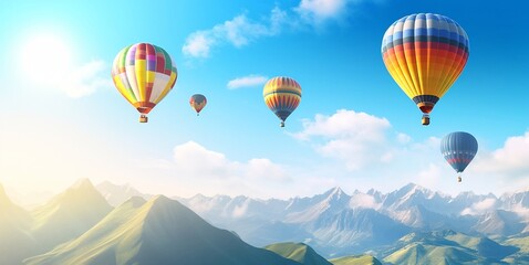 Hot air balloons on summer sunny day flight with mountains view.Macro.AI Generative