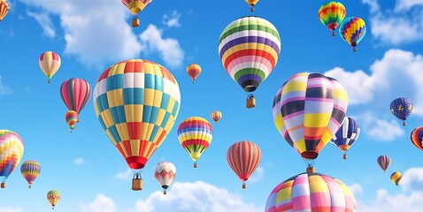 Obraz premium Various color hot air balloons flying in blue sky in sunny summer day.Macro.AI Generative