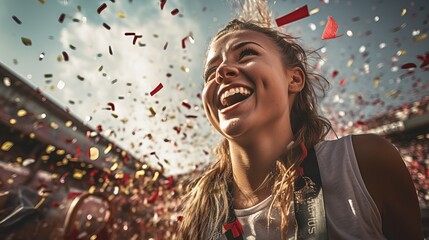 Happy female footballer celebrating victory with confetti on green field - obrazy, fototapety, plakaty