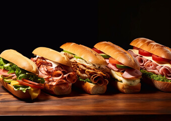 Tasty delicious sub sandwiches with ham,cheese,pork,beef,turkey breast and various sauces and vegetables on table.Macro.AI Generative