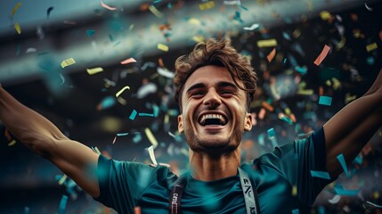 Joyful footballer celebrating victory with colorful confetti in the air - obrazy, fototapety, plakaty