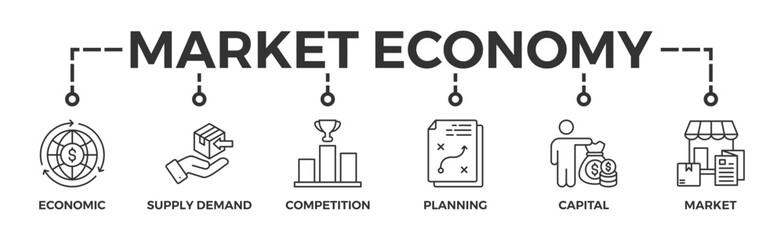 Market economy banner web icon vector illustration concept with icon of economic, supply demand, competition, planning, capital, market