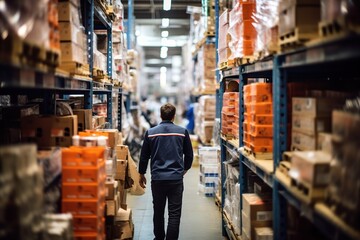 Obraz premium Rear view of a male warehouse worker walking in a warehouse.
