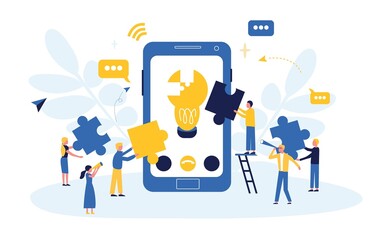 Business concept. Team metaphor. People connect puzzle elements. Flat illustration in flat design...