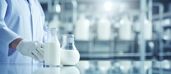 Quality milk in dairy factories is controlled by experts in laboratories With copyspace for text - obrazy, fototapety, plakaty