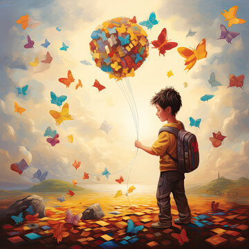 A schoolboy with a backpack suffering from autism spectrum disorder holds a balloon of colored butterflies and puzzles in his hands.