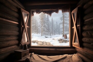 Winter view from inside hut. Alpine holiday resort cottage mountains. Generate ai - obrazy, fototapety, plakaty