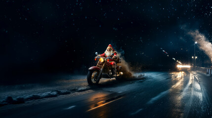 Santa Claus drives fast in motorcycle full of gifts on winter city road. delivery concept, sale - obrazy, fototapety, plakaty