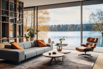 Cozy and colorful living room in a beautiful rustic cottage with big windows and views of the lake or river and forest, Scandinavian interior design