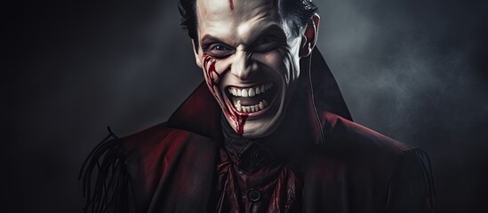 Sinister vampire smiles on Halloween With copyspace for text