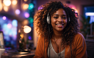Young african american woman wearing headphones, poc in front of computer smiling in a room with lights at night. Online teacher, software engineer, twitch streamer. Generative AI.