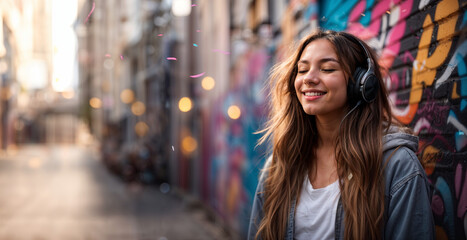 Young beautiful woman wearing headphones listening to music or podcast, smiling on colorful...