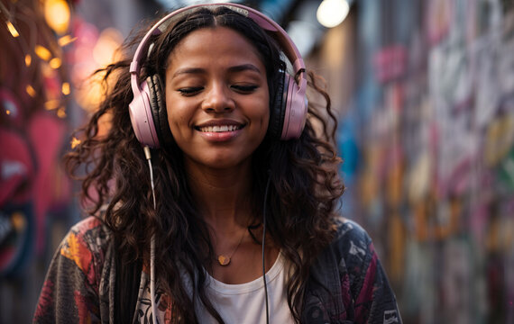Young african american woman wearing pink headphones listening to music or podcast, smiling on colorful graffiti background street with lights. Generative AI.