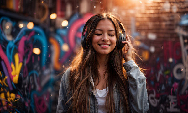 Young beautiful woman wearing headphones listening to music or podcast, smiling on colorful graffiti background street with lights. Generative AI.