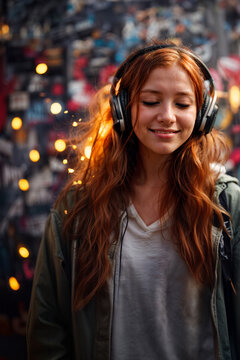 Young beautiful redhead woman wearing headphones listening to music or podcast, smiling on colorful graffiti background street with lights. Vertical photo. Female dj. Generative AI.