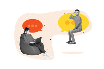 Collage picture of two mini black white colors people sit beanbag use netbook brainstorming scratch head dialogue bubble