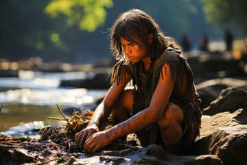 Captivating Cromagnon teenager skillfully crafting tools by a roaring river amidst dense wilderness. - obrazy, fototapety, plakaty