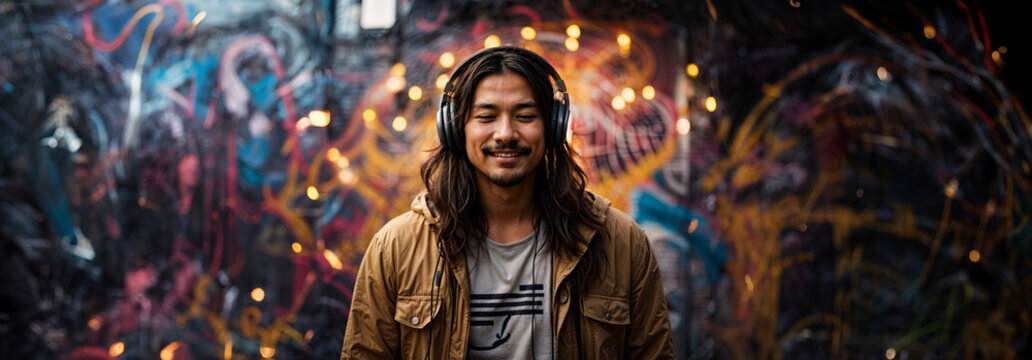 Young asian man wearing headphones listening to music or podcast, smiling on colorful graffiti background with lights. Panoramic banner, header. Urban, futuristic, technology. Generative AI.