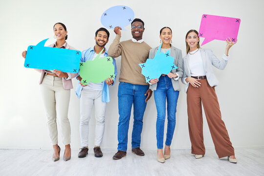 Business, portrait and people with social media, speech bubble and online communication in chat. Discussion, board or group on internet for networking, connection and announcement in forum mockup