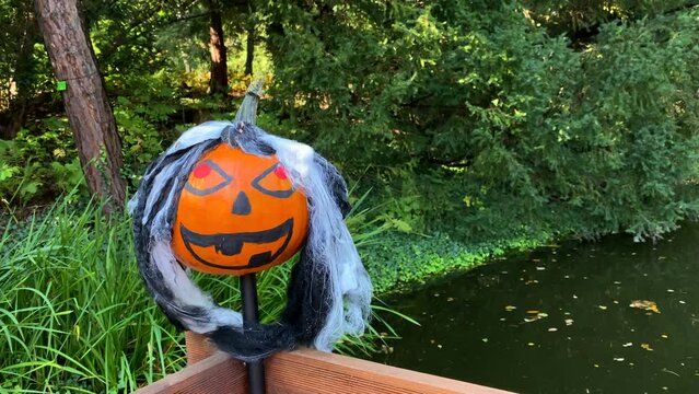 As part of Halloween preparations, a spooky face made from a carved and painted pumpkin decorates the garden. Carving pumpkins is a customary step in getting ready for Halloween in the park