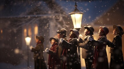 A children's choir traditionally dressed in bowler hats sings their hearts out around a festive street lamp on Christmas Eve