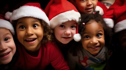 A group of young children wearing christmas hats - Powered by Adobe