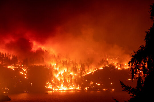 Forest Fires at night near Kelowna, British Columbia, Canada