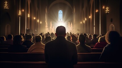 A man joining Christmas mass in a church full of crowds on a magical Christmas Eve - obrazy, fototapety, plakaty