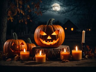 Fototapeta premium Halloween pumpkin head with lantern and burning candle on the moon background
