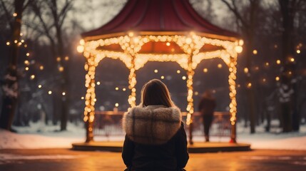 A woman standing in front of a gazebo covered in christmas lights - obrazy, fototapety, plakaty