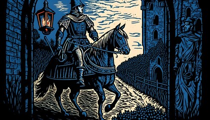 woodcut 15th century knight in full plate gothic armor next to warhorse outside of a large gate on a mediaeval wooden fortress at with night torches burning men guard the ramparts 
