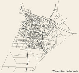 Detailed hand-drawn navigational urban street roads map of the Dutch city of WINSCHOTEN, NETHERLANDS with solid road lines and name tag on vintage background