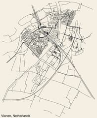 Obraz premium Detailed hand-drawn navigational urban street roads map of the Dutch city of VIANEN, NETHERLANDS with solid road lines and name tag on vintage background