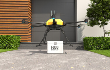 Food delivery drone, Autonomous delivery robot, Business air transportation concept.