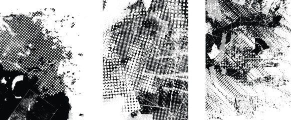 Naklejka na ściany i meble Glitch distorted grungy isolated layers . Design element for brochure, social media, posters, flyers. Overlay texture.Textured banner with Distress effect .Vector halftone dots . Screen print texture