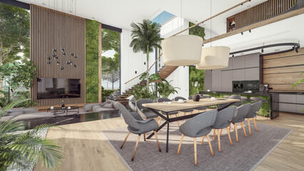 3d rendering of expensive cozy interior with green walls with living dining zone stair and kitchen for sale or rent. Spacious apartments with expensive furniture, equipment and flowers