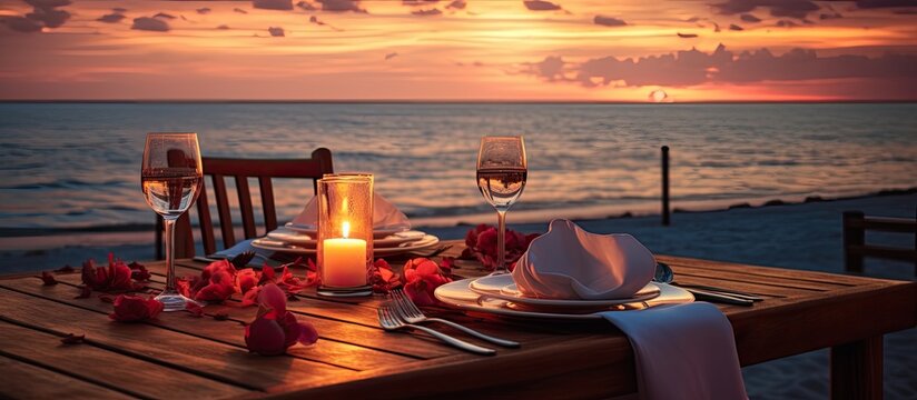 Romantic Beach Dinner With Candles Luxury Destination Dining Exotic Table Setup With Sea View With Copyspace For Text