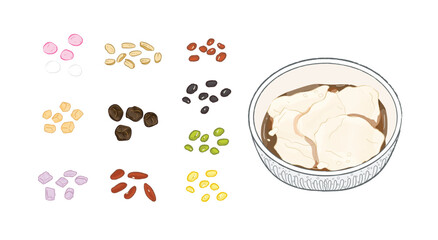 White tofu pudding in a bowl with different ingredients