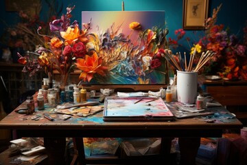 Art studio table with paintbrushes, canvases, and a palette, Generative AI