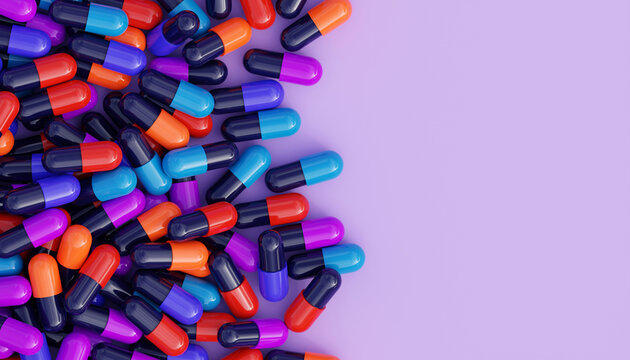 Close up of pink and purple medicine capsules with copy space. Lots of medicine pills. Pile of colorful pills 3D rendering. Overhead view of various pills.