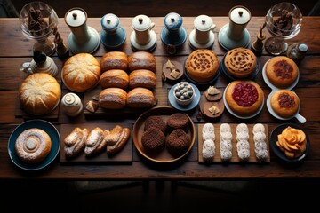  Bakery counter showcasing freshly baked bread, pastries, and cupcakes, Generative AI